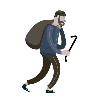 Levyeli ve çantalı yağmacı. Hırsız, hurda, suçlu karakter. Vektör çizimi izole edilmiş düz çizgi film biçimi