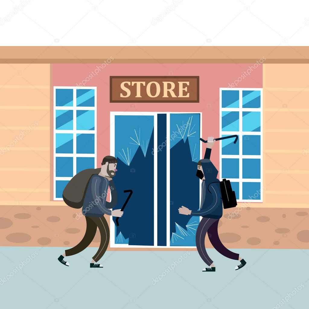 Looters with crowbar and bag make a store robbery, broken door. Robbers, scrap, criminal characters, crime scene. Vector illustration isolated cartoon flat style
