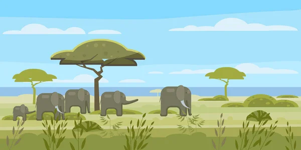 Paisaje africano, sabana, manada salvaje de elefantes, panorama, naturaleza, árboles, desierto. Dibujos animados planos modernos, ilustración vectorial aislado — Vector de stock