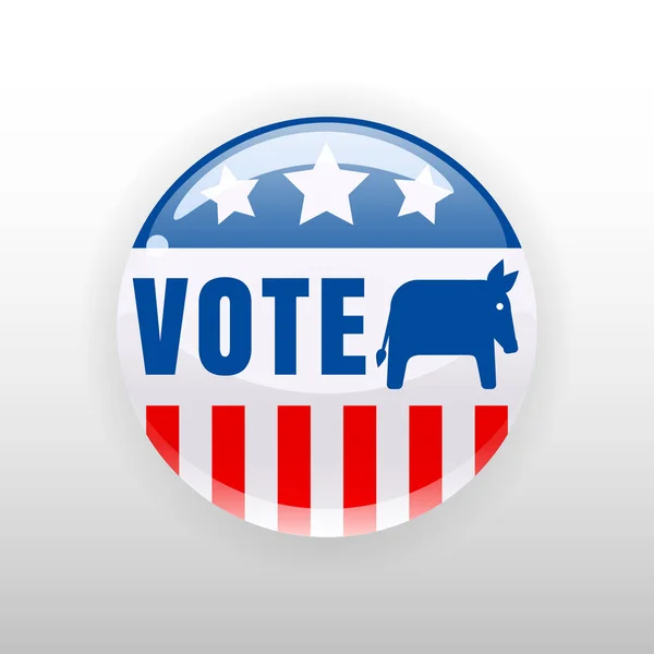 I Rösta USA knappen val, bricka, åsna symbol för ett demokratiskt parti. Vektorillustration isolerad — Stock vektor