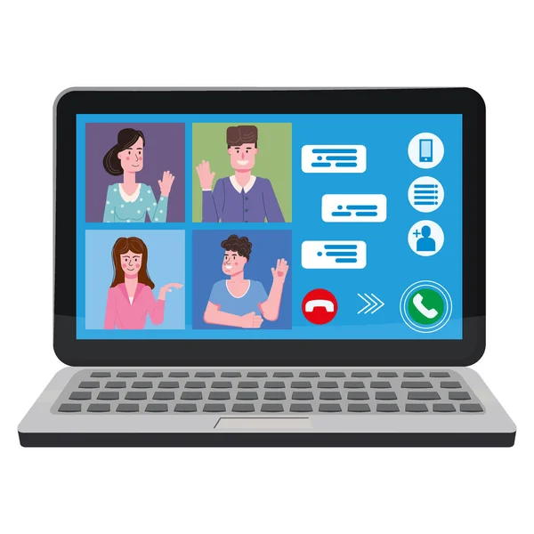 Videoconferentie mensen op computerscherm laptop praten via internet in videocall, chat, UI-software. Online meeting team werken vanuit huis werkruimte remote management communicatie vergadering. Vector — Stockvector