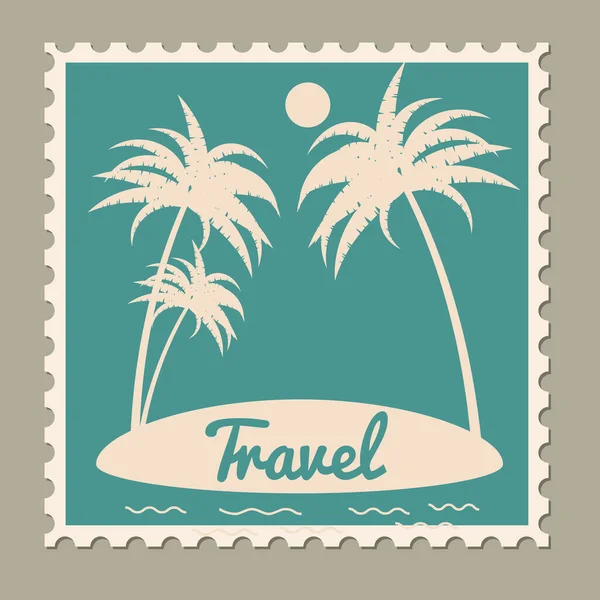 Sommerurlaubsreisen mit Briefmarke. Retro Vintage Design Vektor Illustration isoliert — Stockvektor