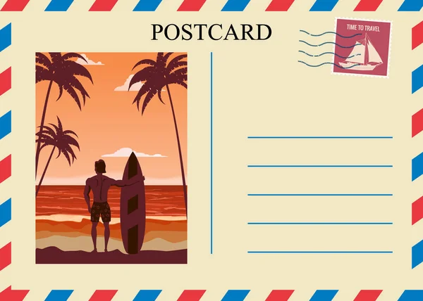 Postacrd Sommer Jahrgang Surfer Strand Ozean. Designerkarte für die Urlaubsreise mit Briefmarke. Vektor-Abbildung isolierte Vorlage — Stockvektor