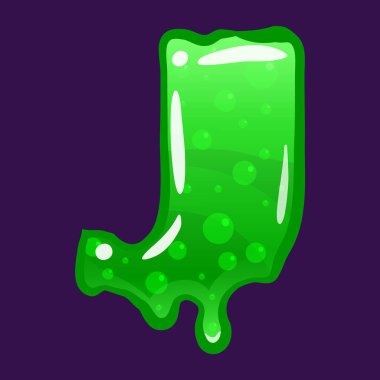 Sümük yazı tipi J Latin alfabesi. Yeşil köpüren zehirli küf. Vektör çizgi film biçimi illüstrasyonu