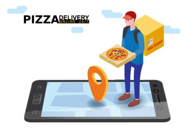 Paket fast food pizzası getiren pizzacı. Çevrimiçi servis emri, akıllı telefon takibi. Vektör illüstrasyonu izole edilmiş düz izometrik biçim