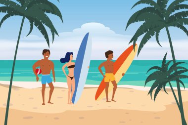 Summer Beach sörf tahtası ve top ile deniz kıyılarında sörf yapan karakterler, palmiyeler ve kum sörfü. Güzel tropikal deniz manzaralı bayrak tatili. Vektör izole çizgi film stili