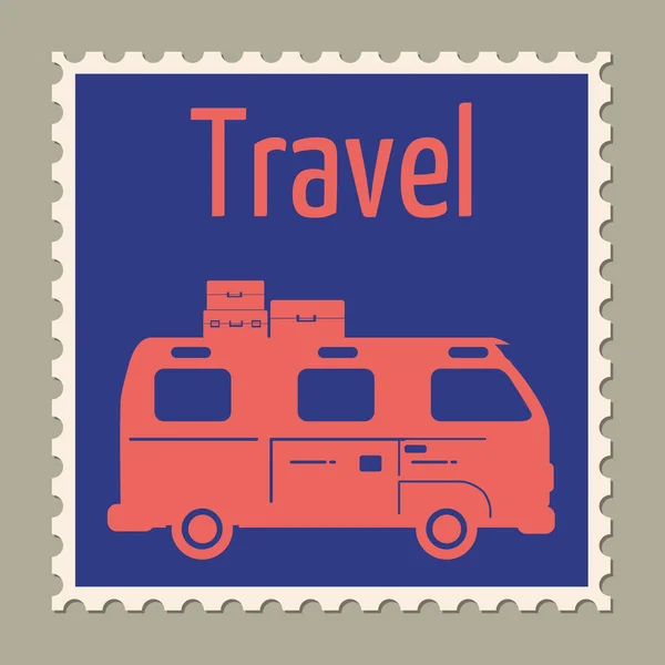 Sello postal vacaciones de verano Van autobús. Diseño retro vintage vector ilustración aislado — Vector de stock