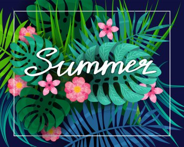 Yaz tropikal yaprakları ekzotik bitkiler, palmiye yaprağı harfleri. Koyu arkaplan şablon pankartında moda renkleri. Vektör çizimi izole edildi