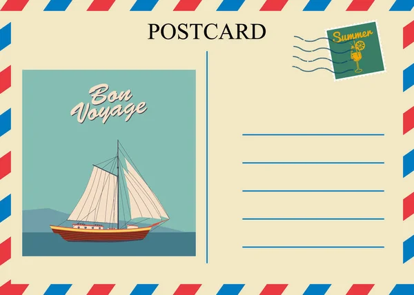 Postacrd summer vintage Sailboat ocean. Karta cestovního designu s poštovním razítkem. Izolovaná šablona vektorové ilustrace — Stockový vektor