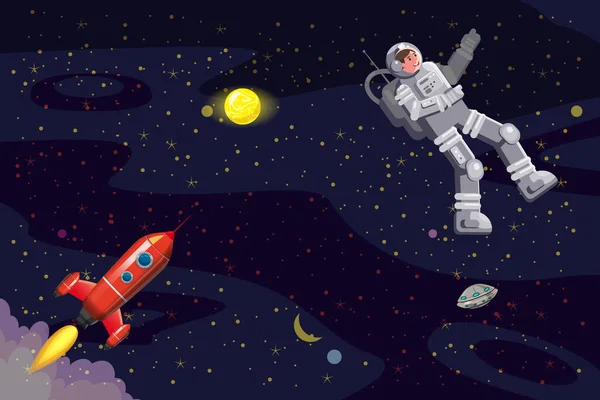 Vesmírná karta pozadí s kosmonaut, rakety, UFO, slunce, hvězdy. Austronaut panoramatická vesmírná šablona. Banner, vektor, izolovaný kreslený plochý styl — Stockový vektor