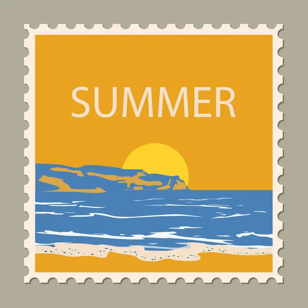 Postzegel zomer vakantie Zonsondergang oceaan zee. Retro vintage design vector illustratie geïsoleerd — Stockvector