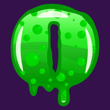 Sümük yazı tipi O Latin alfabesi. Yeşil köpüren zehirli küf. Vektör çizgi film biçimi illüstrasyonu