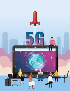 5G yeni mobil kablosuz internet kablosuz internet bağlantısı. Roketli insanları dizüstü bilgisayarla şehir harfleri 5G ile başlat. Küresel yüksek hızlı internet ağının beşinci yenilikçi nesli. Vektör kavramı
