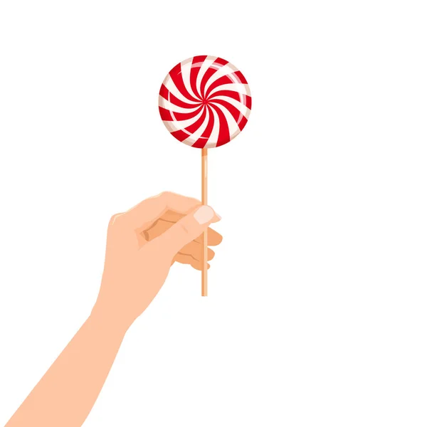 Caramelo de mano Dulzura de postre a rayas de paleta. Ilustración vectorial estilo de dibujos animados aislados — Archivo Imágenes Vectoriales