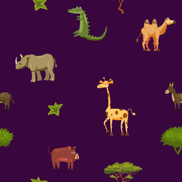 Animales África rinoceronte jirafa burro cocodrilo jabalí camello patrón sin costuras. Ilustración vectorial estilo de dibujos animados — Archivo Imágenes Vectoriales