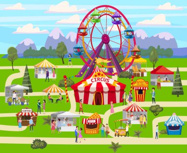 Curcus çadırı, dönme dolap çadırları, tepe örtüsü fast food ve içecekler. Erkek ve kadın ziyaretçiler boş zamanlarını geçirirler. Vektör çizimi izole edildi