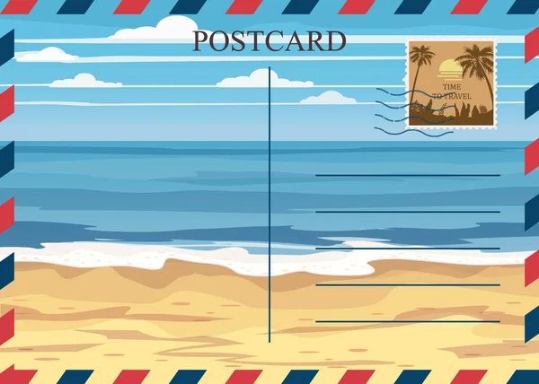 Postacrd été vintage plage bord de mer océan. Carte de voyage vacances avec timbre-poste. Illustration vectorielle modèle isolé — Image vectorielle