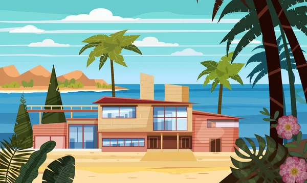Sea shore beach luxury cottage villa house for rest with palms and plants, sea, ocean. Modern architecture. Sunny summer landscape day vacation seaside. Vector template banner isolated illustration — Stock Vector
