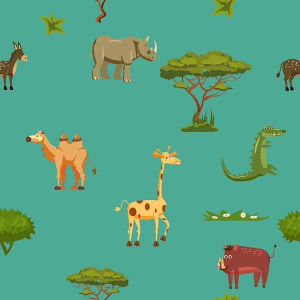 Animales África rinoceronte jirafa burro cocodrilo jabalí camello patrón sin costuras. Ilustración vectorial estilo de dibujos animados — Vector de stock