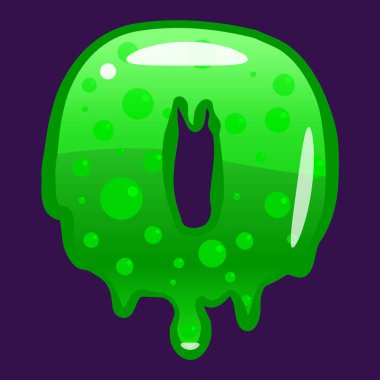 Sümük yazı tipi 0 numara Latin alfabesi. Yeşil köpüren zehirli küf. Vektör çizgi film biçimi illüstrasyonu