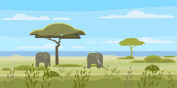 African landscape, savannah, wild herd of elephants, panorama, nature, trees, wilderness. Modern flat cartoon, vector illustration isolated — Stock Vector