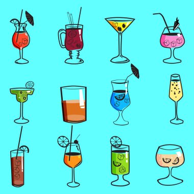 Kokain, tropik yaz alkollü içecekleri hazırla. Mojito, Blue Lagoon, Margarita, Pina Colada, Sex on the Beach, Daiquiri. Vektör simgeleri izole edilmiş çizgi film biçimi illüstrasyonu