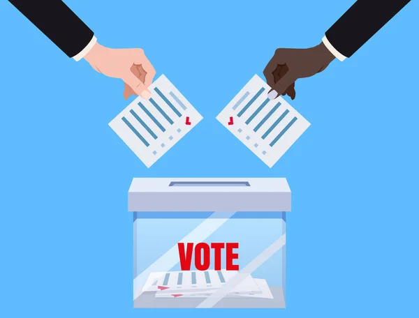 Mãos a colocar papéis em branco na caixa de voto transparente, campanha eleitoral. Ilustração isolada do vetor — Vetor de Stock