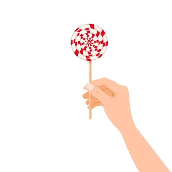 Рука тримає цукерки Лоліпоп смугастий десерт солодкість. Векторні ілюстрації ізольований мультиплікаційний стиль — стоковий вектор