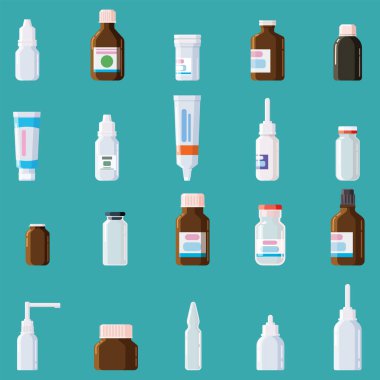Eczane tıbbi seti şişeleri, kavanozlar, tüpler, spreyler, kapaklı damlalar. Cam, plastik. İlaçlar, vitamin, antibiyotik, aşı. Şablon modelleme paketleme tasarımı. Vektör, izole, illüstrasyon çizgi filmi