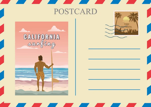 Postacrd été vintage surf plage océan. Carte de voyage vacances avec timbre-poste. Illustration vectorielle modèle isolé — Image vectorielle