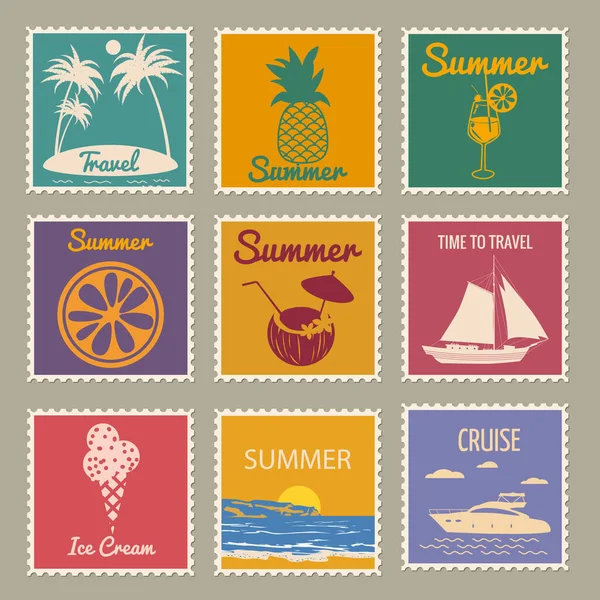 Set Postage stamp summer vacation Sunset Jar Ice Cream Yacht Sailboat Pineapple. Retro vintage design vector illustration isolated Royalty Free Stock Illustrations