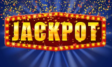 Piyango galibi, spot ışıkları vektörüyle aydınlatılmış geçmişe dönük parlayan pankart.