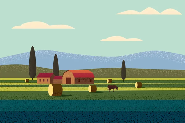 Granja rural paisaje campo casa de campo, vacas. Verano colinas puesta del sol tierras de cultivo. Ilustración vectorial moda estilo ruido sombra vector — Vector de stock