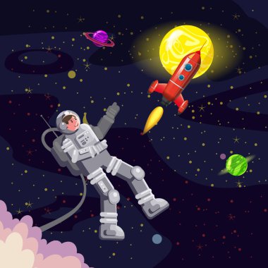 Uzay kartı arka planı, uzay adamı, roket, UFO, güneş, yıldızlar. Astronot panoramik uzay şablonu. Sancak, vektör, izole çizgi film düz biçimi