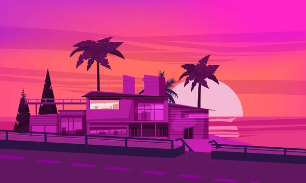 Sea shore sunset beach luxury cottage villa house for rest with palms and plants, sea, ocean. Modern architecture near the road. Sunny summer landscape day vacation seaside. Vector template banner — Stock Vector