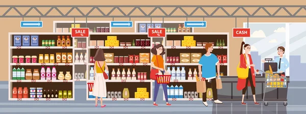 Big Shop Supermarkt Winkelcentrum Interieur winkel in planken met zuivelproducten. Mensen kopen in de rij bij de kassa. Platte vectorillustratie — Stockvector