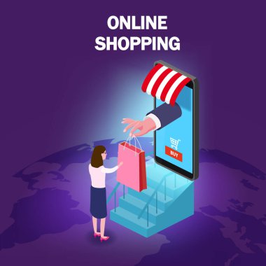 Çevrimiçi alışveriş yapan genç kadın karakter elleri, akıllı telefon tente internet dükkanından alınmış paketler sunuyor. Isometric süpermarket, palet Dünya arka planı. Vektör kavramı ve Dijital Pazarlama