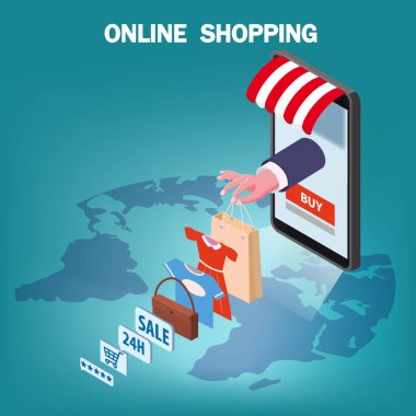 Çevrimiçi alışveriş yapan el, akıllı telefon internet dükkanından bir paket sunuyor. Simgeli, tenteli, palet yeryüzü arka planlı Isometric süpermarket. Vektör kavramı ve Dijital Pazarlama iniş sayfası
