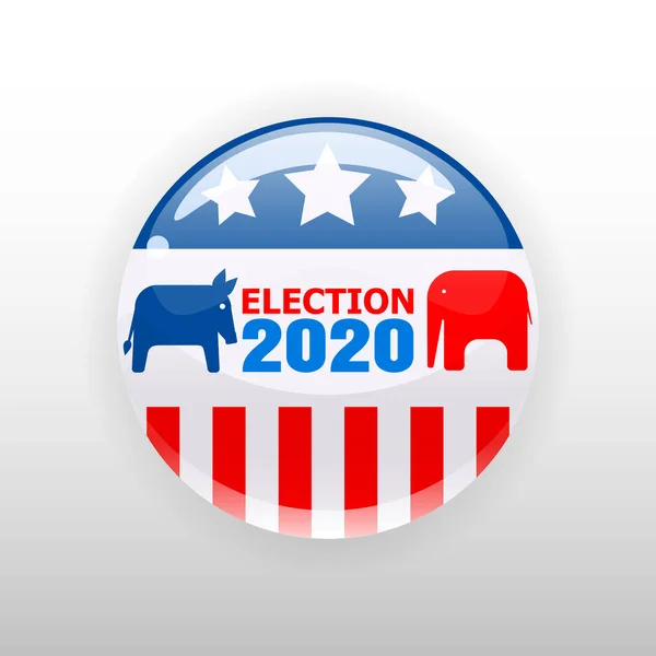 Val 2020 Rösta USA knappen val, bricka, elefant och åsna republikanska och demokratiska partisymboler. Vektorillustration isolerad — Stock vektor