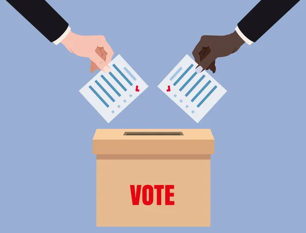 Mãos a pôr papéis em branco nas urnas, campanha eleitoral. Ilustração isolada do vetor — Vetor de Stock
