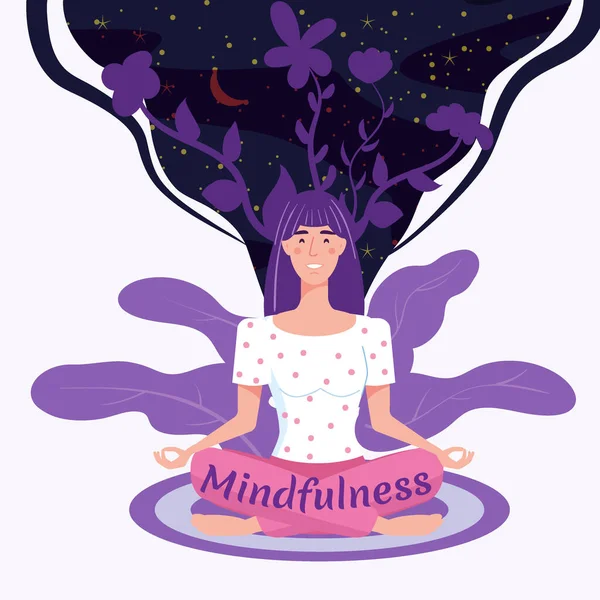 Mindfullness yoga meditatie vrouw zitten in de lotuspositie mediteren. Mentale kalmte en zelfbewustzijn concept. Vectorillustratie geïsoleerd — Stockvector