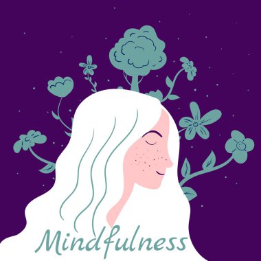 Farkındalık meditasyonu yapan kadın meditasyon yapar. Zihinsel sakinlik ve öz bilinç flora konsepti. Vektör çizimi izole edildi