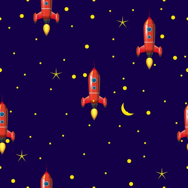 Płynny wzór rakiety, gwiazdy i przestrzeń. Ilustracja wektor ispalted stylu kreskówki — Wektor stockowy