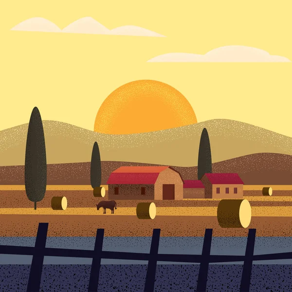 Granja rural paisaje campo casa de campo, vacas. Verano colinas puesta del sol tierras de cultivo. Ilustración vectorial moda estilo ruido sombra vector — Vector de stock