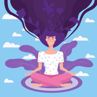 Zihinsel sağlık yoga meditasyonu yapan kadın lotus pozisyonunda oturup meditasyon yapıyor. Zihinsel sakinlik ve öz bilinç kavramı. Vektör çizimi izole edildi