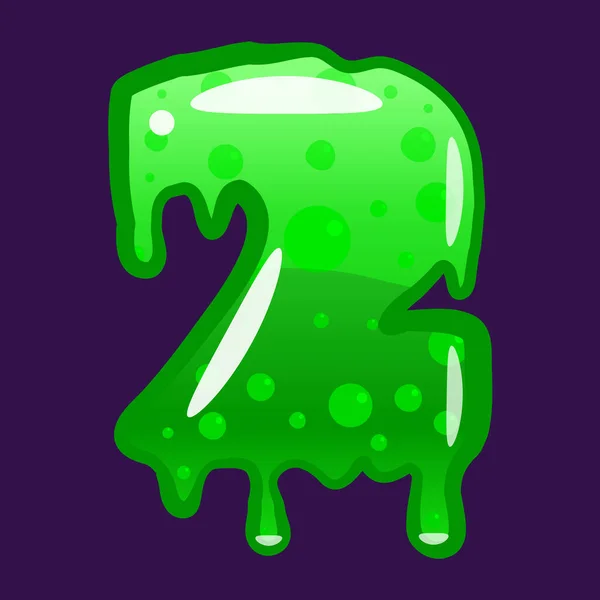 Slime betűtípus number 2 latin alphabet. Zöld buborékos mérgező penész. Vektor rajzfilm stílusú illusztráció — Stock Vector