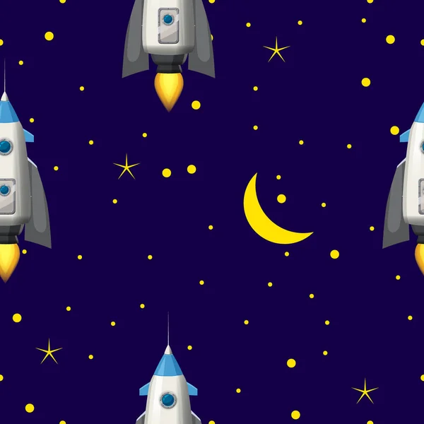 シームレスロケットのパターン、星と空間。ベクトルイラスト｜漫画風 — ストックベクタ