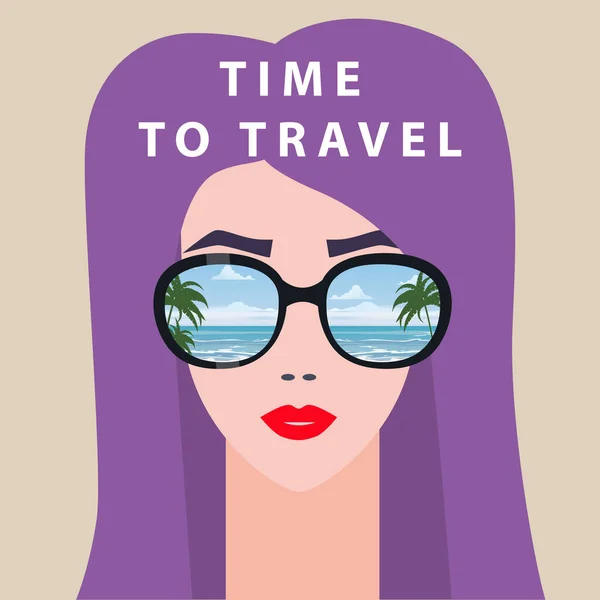 Retrato de mujer de moda con gafas de sol. Tiempo para viajar cartel vacaciones de verano. Vector aislado — Archivo Imágenes Vectoriales