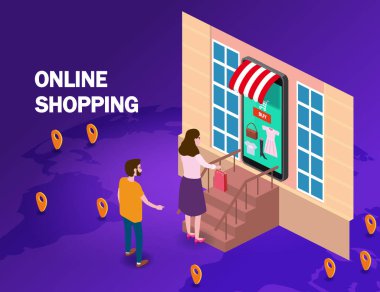 Çevrimiçi alışveriş yapan genç kadınlar ve erkek karakter el akıllı telefon internet dükkanından bir paket sunuyor. Simgeli, tenteli, palet yeryüzü arka planlı Isometric süpermarket. Vektör kavramı ve