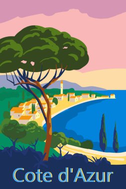 Fransa 'dan Cote d Azur Akdeniz' de Avrupa 'da eski bir deniz gezisi posteri. Yaz tatili deniz kenarında gün batımı. Klasik biçim vektör illüstrasyonu